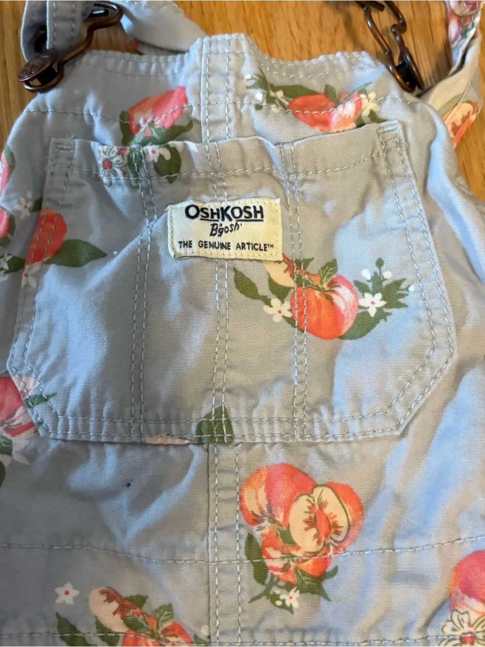 OshKosh B'gosh Light Blue Peach Print Short Overalls Shortalls Sz 5T